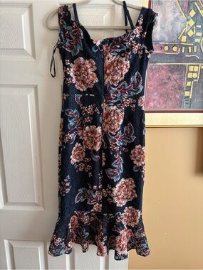 Guess Navy Floral Midi Dress with Pink and Teal Accents